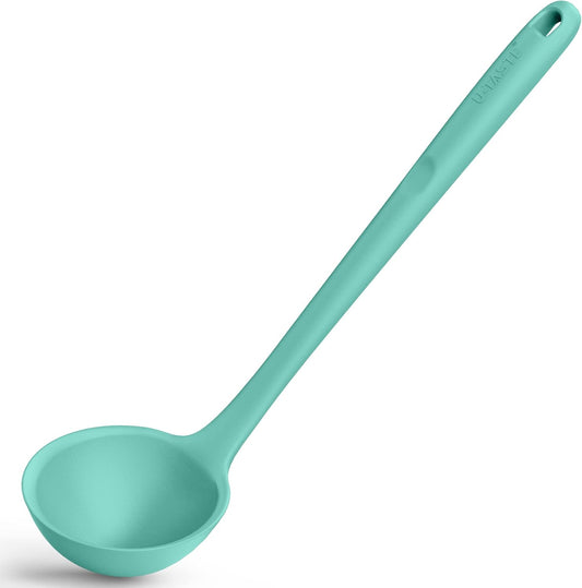 13 inch Silicone Soup Ladle: U-Taste 600ºF Heat Resistant 4 oz Large Non-stick Seamless Rubber Kitchen Deep Serving Spoon with Non-slip Solid Long Handle for Cooking Sauce/Stews/Gravies (Aqua Sky)