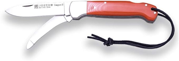 Joker Multipurpose Hunting Pocket Knife Kangaroo II NM127, Steel Blade MOVA 3.3 in. + Skinner Blade, Orange Micarta Hooks, Tool for Fishing, Hunting, Camping and Hiking