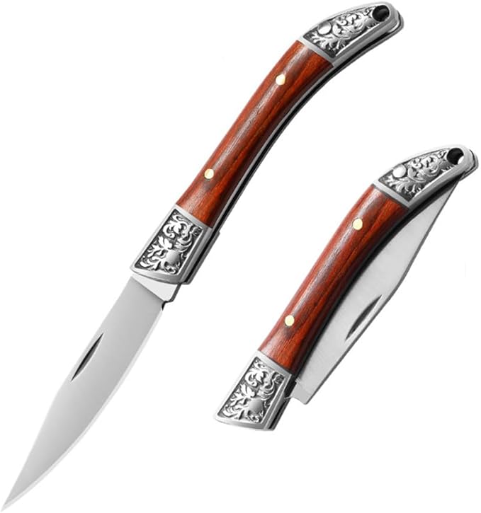 Lightweight Mini Folding Pocket Knife Carving Wooden Handle V Steel Blade Outdoors Camping Hunting Folding Knives Portable Keychain Gift for Men Women, Red