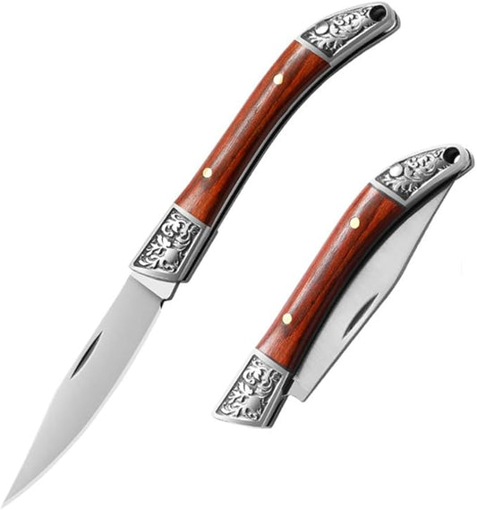 Lightweight Mini Folding Pocket Knife Carving Wooden Handle V Steel Blade Outdoors Camping Hunting Folding Knives Portable Keychain Gift for Men Women, Red