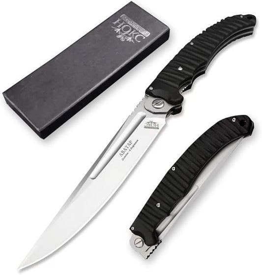 HUAAO 12 INCH Russian Avatar Folding Knife for Men,D2 Blade Black G10 Handles Tactical Survival Gear Saber Knives,Safety Liner Lock,Flipper Assisted Outdoor Camping Tool (White blade)