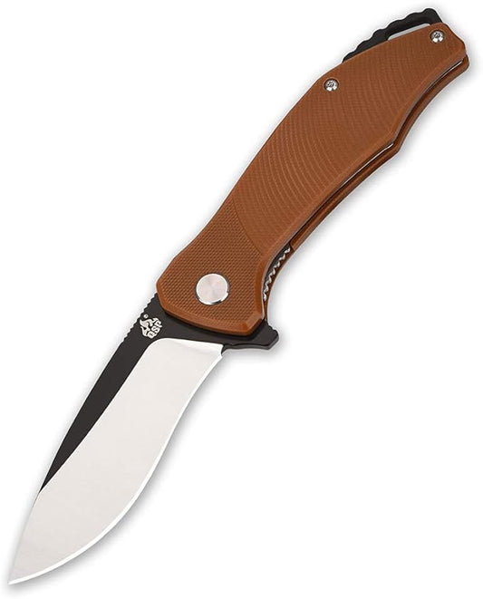 QSP Raven 4.5" Flipper Folding Pocket Knife, D2 Blade G10 handle, smooth flipper opening knife (BROWN)