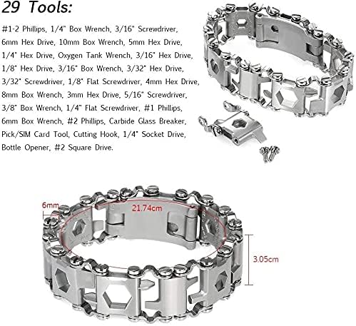 Multitool Bracelet 29 in 1, 22cm Stainless Steel, Multi Tool Bracelet for Men Outdoor Travel Watch Strap, Multifunctional Wristbands, Portable Wearable Multitool Trend Bracelet with A Pry Tool