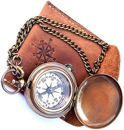 Handmade Nautical Brass Push Open Compass On Chain with Leather Case Pocket Compass Gift Compass Rustic Vintage Home Decor Gifts