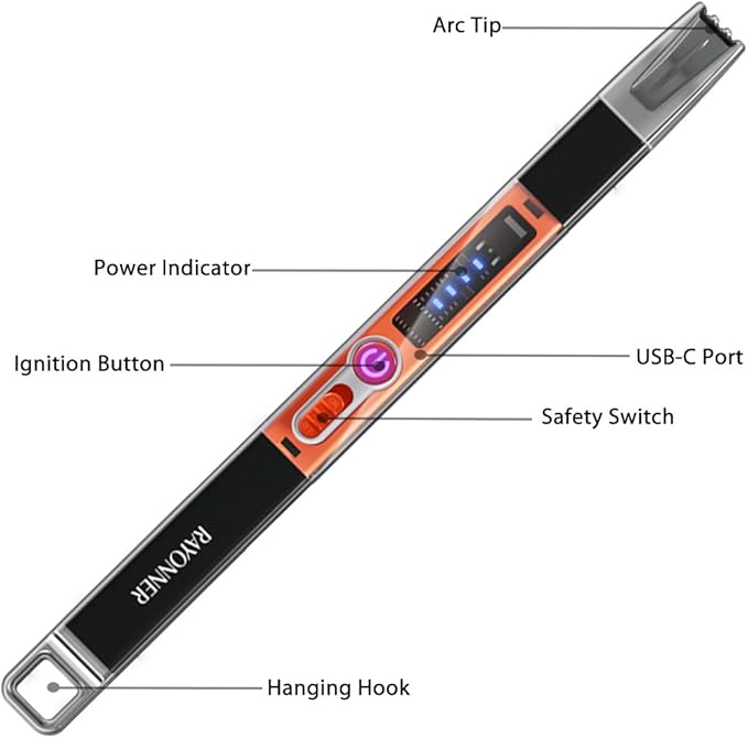 RAYONNER Electric Candle Lighter Plasma Arc Lighters Windproof & Flameless USB with Rechargeable Double Safety Switch for Candle BBQ Camping (1 Pack - Black-Orange)