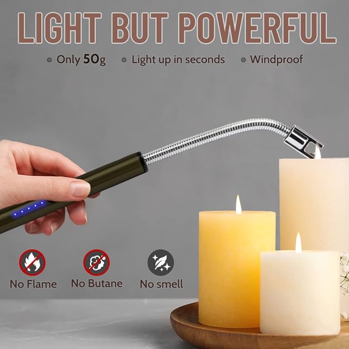 Boncas Flexible Arc Lighter USB Candle Lighter Plasma Lighter Rechargeable Windproof Lighter Long for Household Camping Cooking BBQ Olive Gray (Candle Not Include)