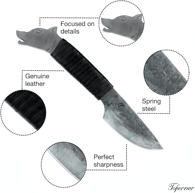 Toferner Hand Forged Knife Wolf with Sheath, Vintage Knife for Antique Collection, Genuine Leather Case, Hardened Blade, Hand Made Craft, Gift Idea for Men (Black)