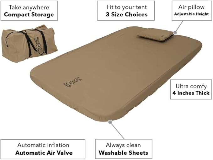 DOD Soto Sleeping Pad for Camping - Extra Thick Self-Inflating Camping Mattress and Camping Pillow - Tan - Large