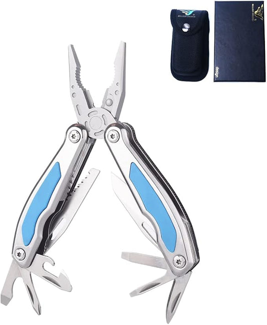 Folding Multitool Pliers Bottom Bone Elastic Forceps Clamp Multifunction Fine Blanking Pocket Pliers with Nylon Sheath and Gift Box Suitable for Home/Camping/Travel/Hiking/Outdoor Blue