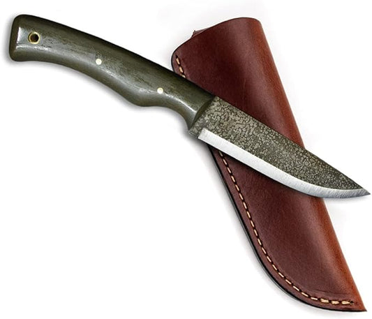 PKS Pathfinder Knife Shop Scorpion Bushcraft Camping Survival Carbon Steel Fixed Blade Knife - Leather Sheath - Made In USA (OD Micarta)