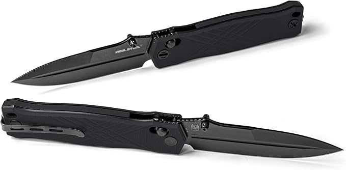 Real Steel Muninn Slide Lock Folding Pocket Knife - 3.62" VG-10 Black Blade, Milled Black G10 Handle - Perfect for Camping, Hiking, Daily Cutting Tasks - EDC Knife for Men Women - Black
