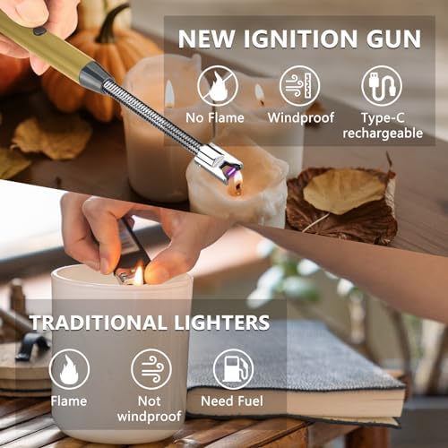 YOZWOO Candle Lighter Rechargeable USB C Lighter Windproof Flameless Plasma Arc Lighter 360° Flexible Neck Design Lighter with LED Battery Display for Candle, Fireworks, Cooking (Gold)