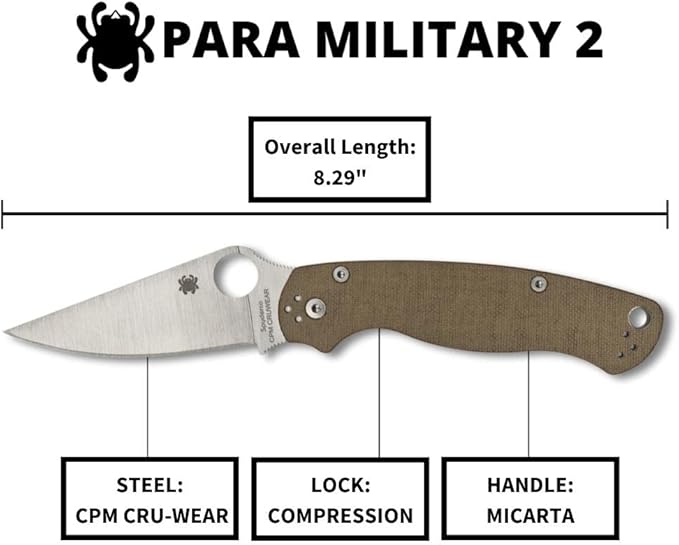 Spyderco Para Military 2 Signature Knife with 3.47" CPM Cru-Wear Steel Blade and Premium Micarta Handle - PlainEdge - C81MPCW2