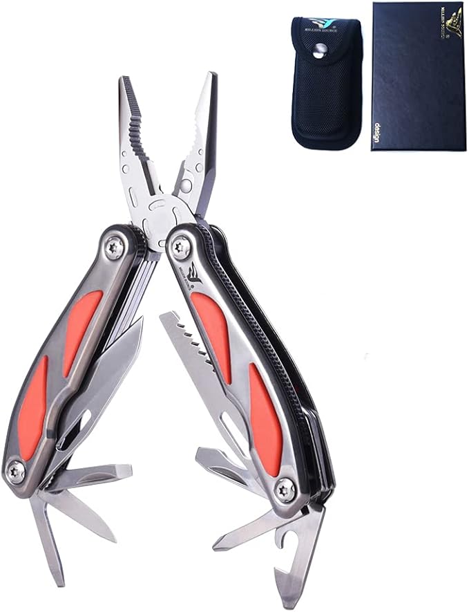 Fine Blanking Folding Stainless Steel Pliers Outdoor Multifunction Multitools Pliers Bottom Bone Elastic Forceps Clamp with Nylon Sheath and Gift Box for Camping/Home/Hiking Red
