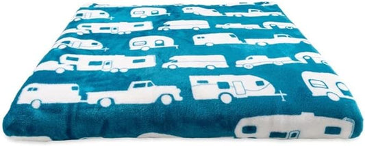 Camco 53440 Life is Better at The Campsite Plush Fleece Blanket, Queen Size - Keeps You Warm While at Home, Camping or on Picnics - Machine Washable - Features a Brand RV Print, Blue