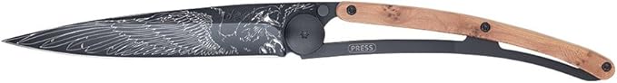 deejo Ultra Lightweight Folding Pocket Knife with Belt Clip - Juniper Wood Version 1.3 oz - Fine, Sharp Blade - Eagle Pattern - Black Titanium Coating Stainless Steel - Elegant and Modern Design