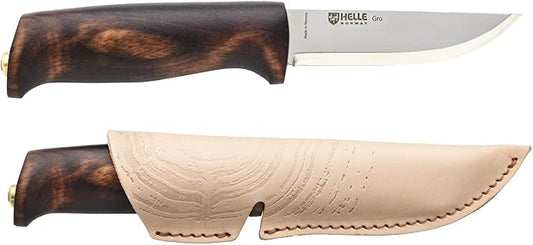 HELLE Knives - Gro- Fixed Blade Knife - Birch Wood Handle - Stick Tang- Camping, Hunting - 12C27 Stainless Steel - Leather Sheath - Made in Norway