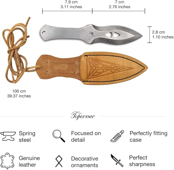 Toferner Hand Forged Sports Knife Markmanship with Leather Neck Case, Vintage Sports Knife with Sheath, Hardened Blade, Hand Made Craft, Gift Idea for Men