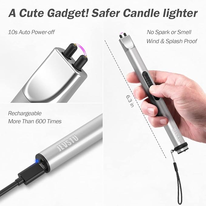 Candle Lighter, Electric USB Rechargeable Lighter, Arc Plasma Electronic Windproof Flameless Long Lighter with Safety Switch Hook for Kitchen, Silver and Black