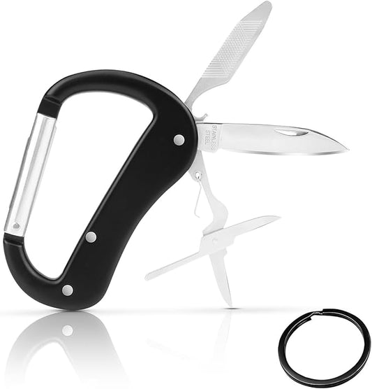 Multitool Carabiner with Pocket Knife, Bottle Opener,Nail file,Small Scissors,EDC Carabiners Keychain with Folding Knives,Auxiliary Tools for Camping,Hiking,Outdoor Activities（Black)