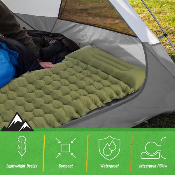 Wakeman Sleeping Pad for Camping - Inflatable Mat with Built-in Foot Pump - Waterproof Camp Mattress - Camping Gear Must Haves Outdoors (Olive)