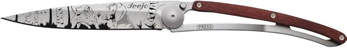 deejo - Ultra-Light Folding Pocket Knife with Belt Clip - 1.3 OZ Coral Wood Version - Thin and Sharp Blade - Hunting Day Pattern - in Stainless Steel - Elegant and Modern Design