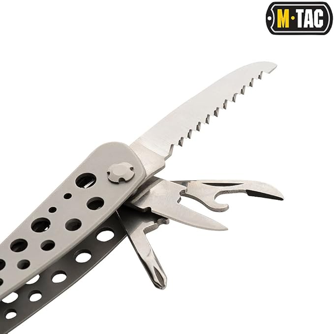 M-Tac Type 1 Multitool Screwdriver with 9 bits - 11-in-1 Stainless Steel Utility Tools with Knife Saw Pliers - EDC Outdoor Multi Tool in Nylon Case (Gray)