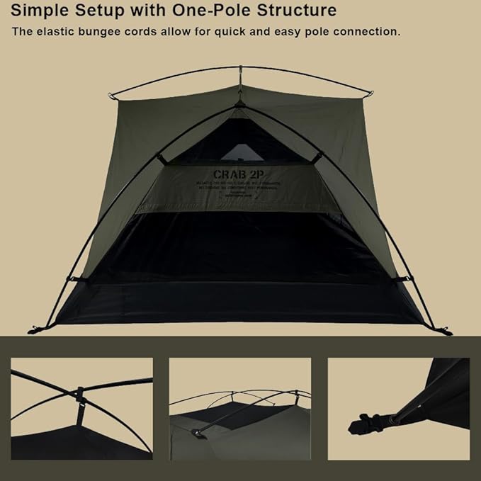 Crab 2 Person Double Layer Black Canvas Cotton Tent, Portable Breathable Easy Set Up Backpacking Tent