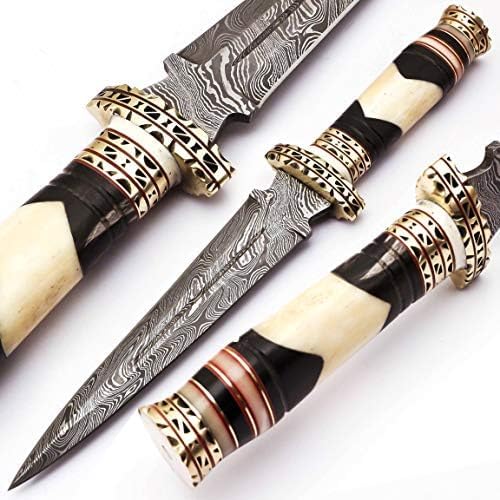 NBGRLVS Damascus Beautiful Steel Dagger Knife - Camel Bone Handle - Sharp Edge Fix Blade - Genuine Multipurpose Knife 12.5” Handmade Premium Quality - Bull Horn with Brass Spacer Ideal for Outdoor
