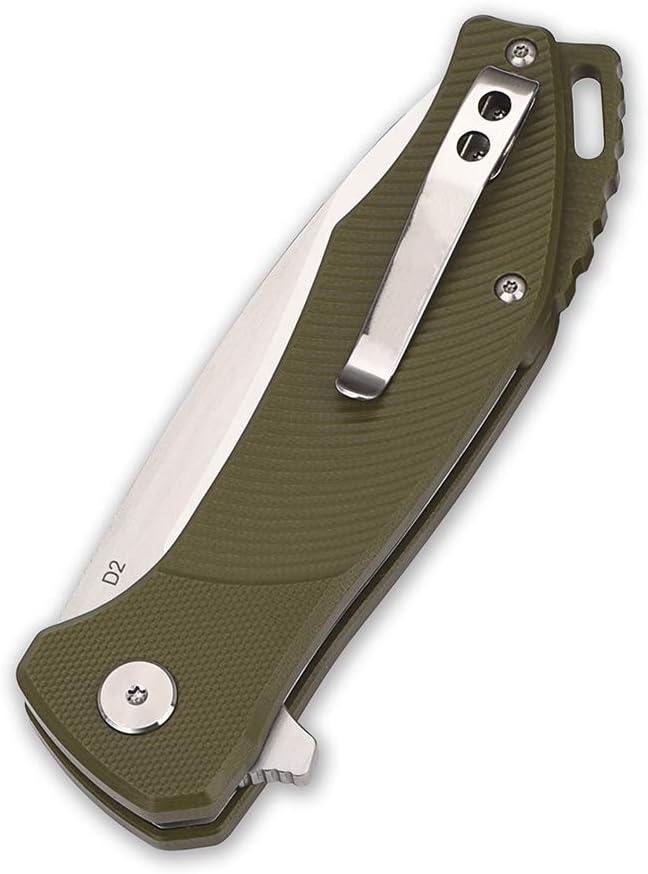 QSP Raven 4.5" Flipper Folding Pocket Knife, D2 Blade G10 handle, smooth flipper opening knife (GREEN)