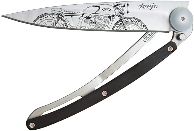 deejo - 0.9 OZ, Titanium, Ebony, Café Racer - Ultra-Light Pocket Folding Knife with a Belt Clip - Z40C13 Stainless Steel