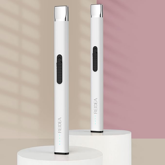REIDEA Lighters 2 Pack R1 Flat Electronic Candle Lighter, Windproof Flameless USB Rechargeable Arc Lighter with Safe Button and Power Indicator for Candle, BBQ and Fireworks, White