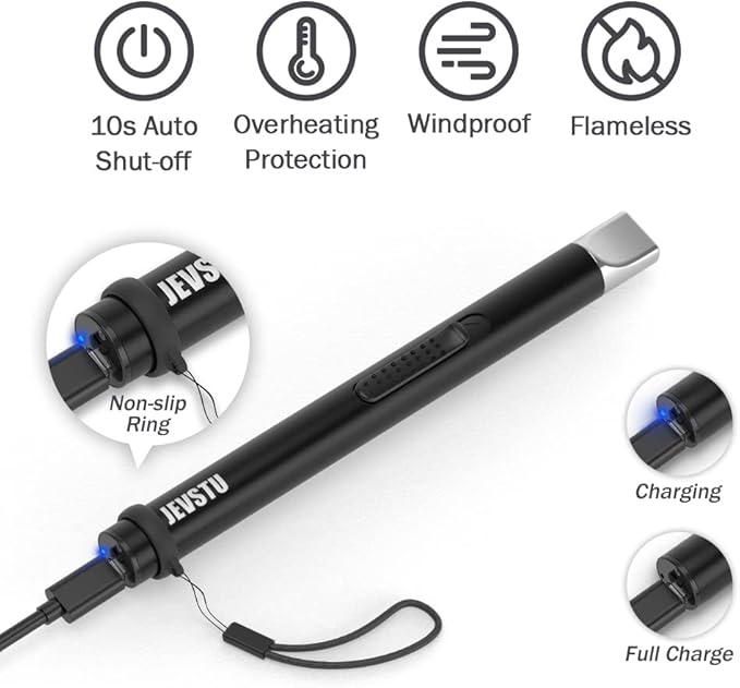 Candle Lighter, Electric USB Rechargeable Lighter, Arc Plasma Electronic Windproof Flameless Long Lighter with Safety Switch Hook for Kitchen, Silver and Black