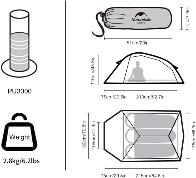 Naturehike Cloud-Up 3 Person Lightweight Backpacking Tent with Footprint - 3 Season Free Standing Dome Camping Hiking Waterproof Backpack Tents