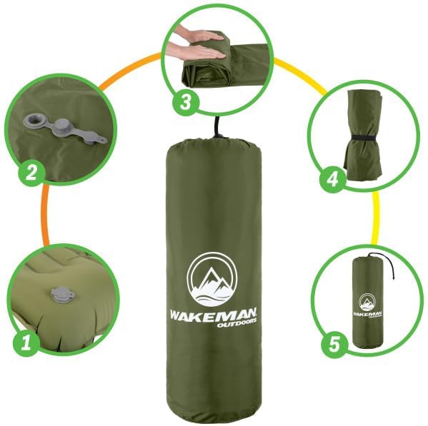 Wakeman Sleeping Pad for Camping - Inflatable Mat with Built-in Foot Pump - Waterproof Camp Mattress - Camping Gear Must Haves Outdoors (Olive)