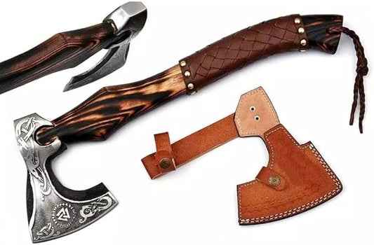 Hand Forged Etched Viking Axe – 20” inches Ash Wood Handle Camping Axe with Leather Sheath – High Carbon Steel Hatchets and Axes, Wood Splitting Axe, Throwing Axes - Gift for HIM (Valknut Axe)