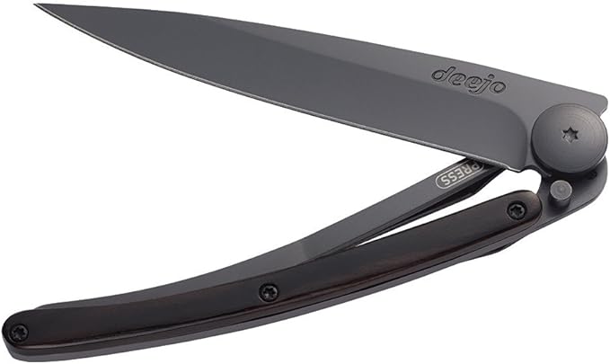 Deejo Ultra Lightweight Folding Pocket Knife with Belt Clip - Ebony Version 1.3 oz - Fine, Sharp Blade - Black Titanium Coating Stainless Steel - Elegant and Modern Design
