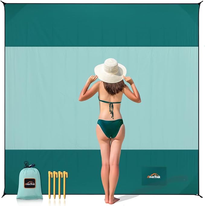 Beach Blanket Sandproof, Extra Large Beach Mat, Sand Free Mat Quick Drying, Lightweight, Soft & Durable Mat for Beach, Yard (Dark Green & Mint Green, 10 x 10 FT (1～9 Person))