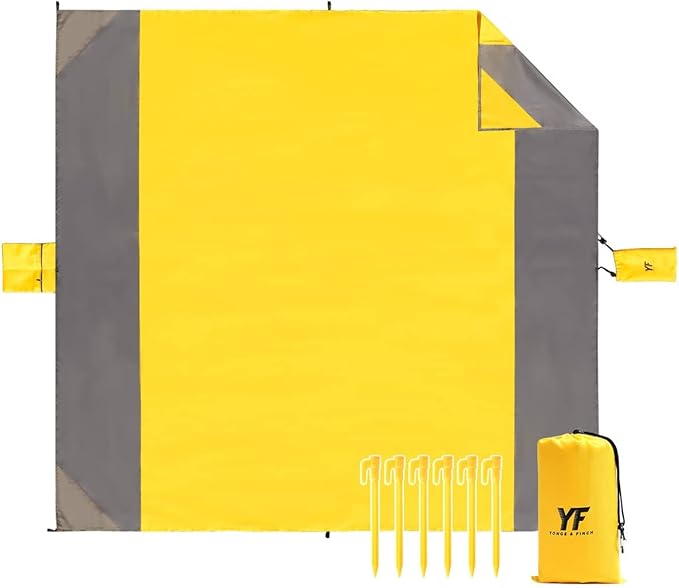 Yonge & Finch Large Beach Blanket Sandproof Heat-Resistent Beach Mat Machine Washable Camp Blanket Packable Pocket Blanket Waterproof Outdoor Blanket Fit 4-7 Persons 83 * 79inch Yellow