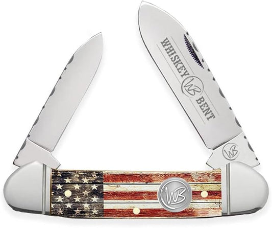 WHISKEY BENT HAT CO. Traditional Canoe Folding Pocket Knife w/Filework 3.63" Closed Length 440C Stainless Steel Blades (Patriot)