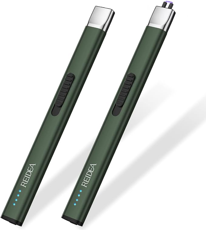 REIDEA Lighters 2 Pack R1 Flat Electronic Candle Lighter, Windproof Flameless USB Rechargeable Arc Lighter with Safe Button and Power Indicator for Candle, BBQ and Fireworks, Pine Green
