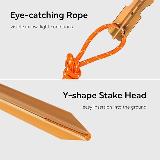 12 Pack Tent Stakes, 7-inch Ultralight Aluminum Ground Pegs with Reflective Pull Ropes, Tri-Beam Stakes in a Carrying Bag, for Camping, Backpacking, Hiking Tent, Hammocks and Canopy (Orange)