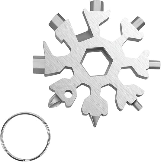 Snowflake Multi Wrench Tool，18-in-1 Keychain Multitool Pocket Tool Is Easy To Carry for Outdoor Camping And Christmas Snowflake (Silver)