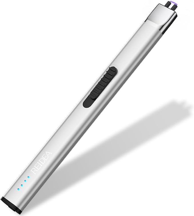 REIDEA Lighter R1 Flat Electronic Candle Lighter, Windproof Flameless USB Rechargeable Arc Lighter with Safe Button and Power Indicator for Candle, BBQ and Fireworks, Silver