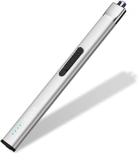 REIDEA Lighter R1 Flat Electronic Candle Lighter, Windproof Flameless USB Rechargeable Arc Lighter with Safe Button and Power Indicator for Candle, BBQ and Fireworks, Silver