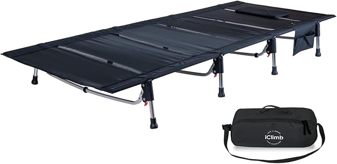 iClimb Super Easy Assemble Folding Cot Ultralight Compact Heavy Duty with Carry Bag for Adults Camping Backpacking (Black, Mesh)