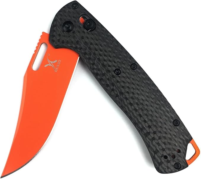 HUAAO Manual Open Folding Knife, Axis Lock Knife with 3.43’’ Orange D2 Blade Black Carbon Fiber Handle, EDC Pocket Knife with Clip for Camping Hunting