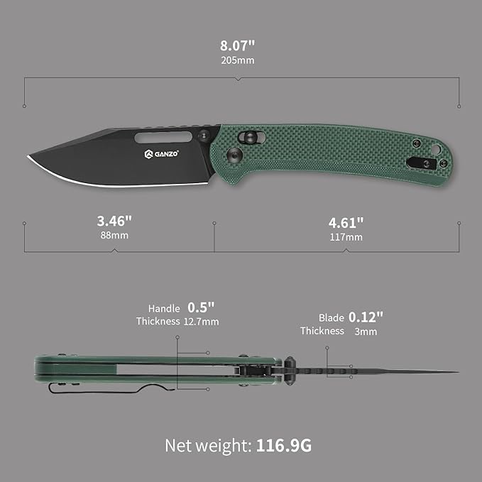 Ganzo G768PT-GB EDC Folding Pocket Knife Razor Sharp D2 Stainless Steel Black Blade G10 Handle with Clip Outdoor Foldable Pocket Knife Hunting Fishing Hiking Gear Best Gift for Men (Green)