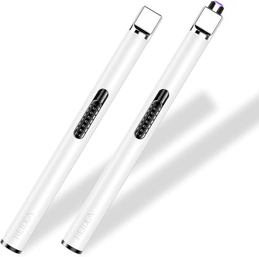 REIDEA Electronic Candle Lighter Arc Windproof Flameless USB Rechargeable Lighter with Safe Button for Home Kitchen (2 Pack White)