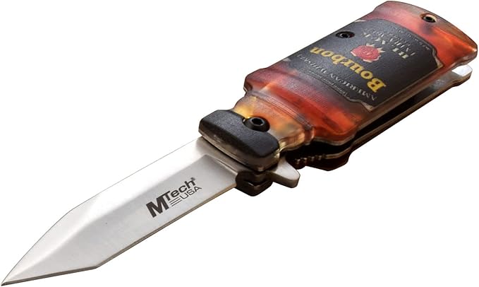 MTECH USA – Folding Knife – Stands Upright – Bourbon Bottle Knife - Satin Stainless Steel Blade w/ABS Handle Shaped Like A Bottle, Liner Lock, Pocket Clip - EDC – MT-A1190B